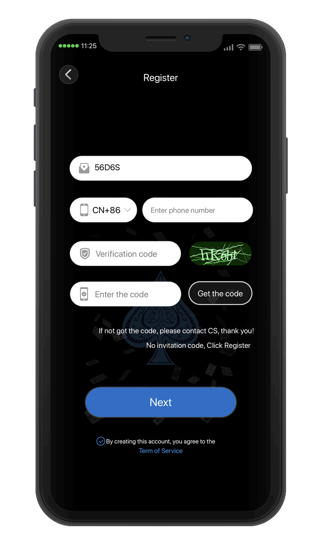 Make sure your invite code is embedded in the top box and register your device