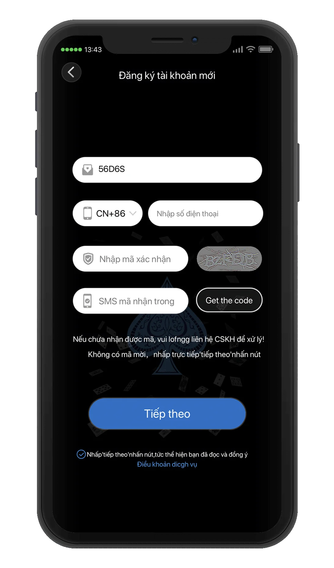 Đảm bảo Code được mời của bạn đã được điền vào hộp trên cùng và đăng ký điện thoại của bạn